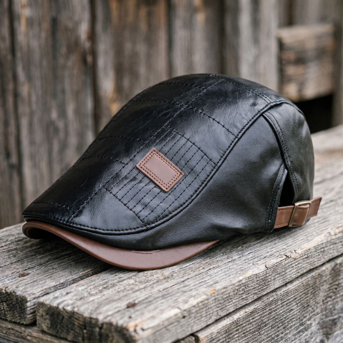 Ernie Doyle's black quilted leather flat cap, three-quarter view