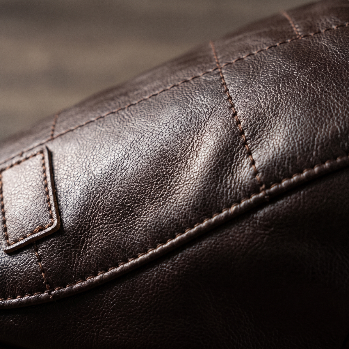 Macro detail of the leather grain and one quilt stitch line