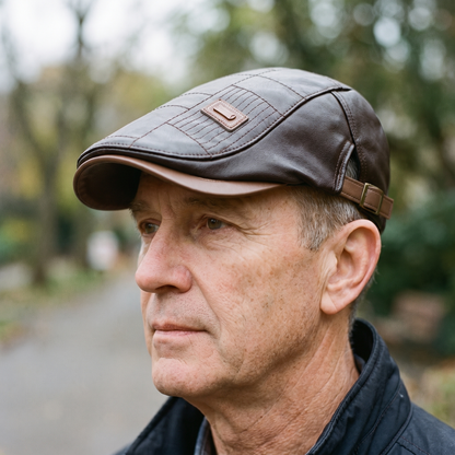 The dark brown leather flat cap worn outdoors