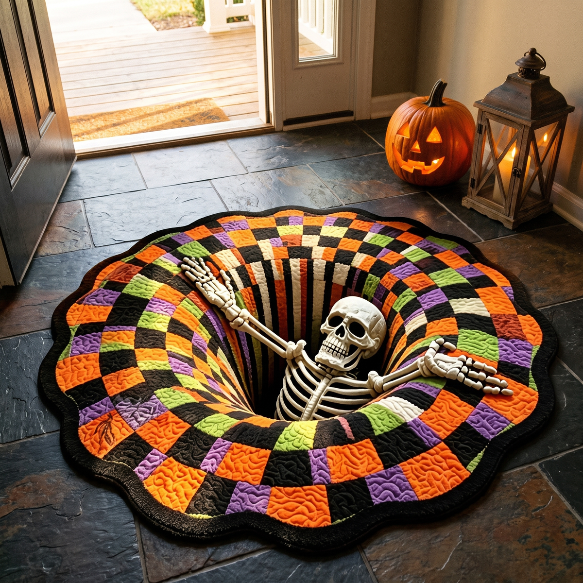 Margo's Vanishing Floor Halloween Rug in an entry hall, reading as an open shaft in the floor