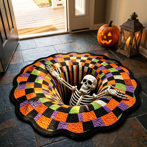 Margo's Vanishing Floor Halloween Rug in an entry hall, reading as an open shaft in the floor