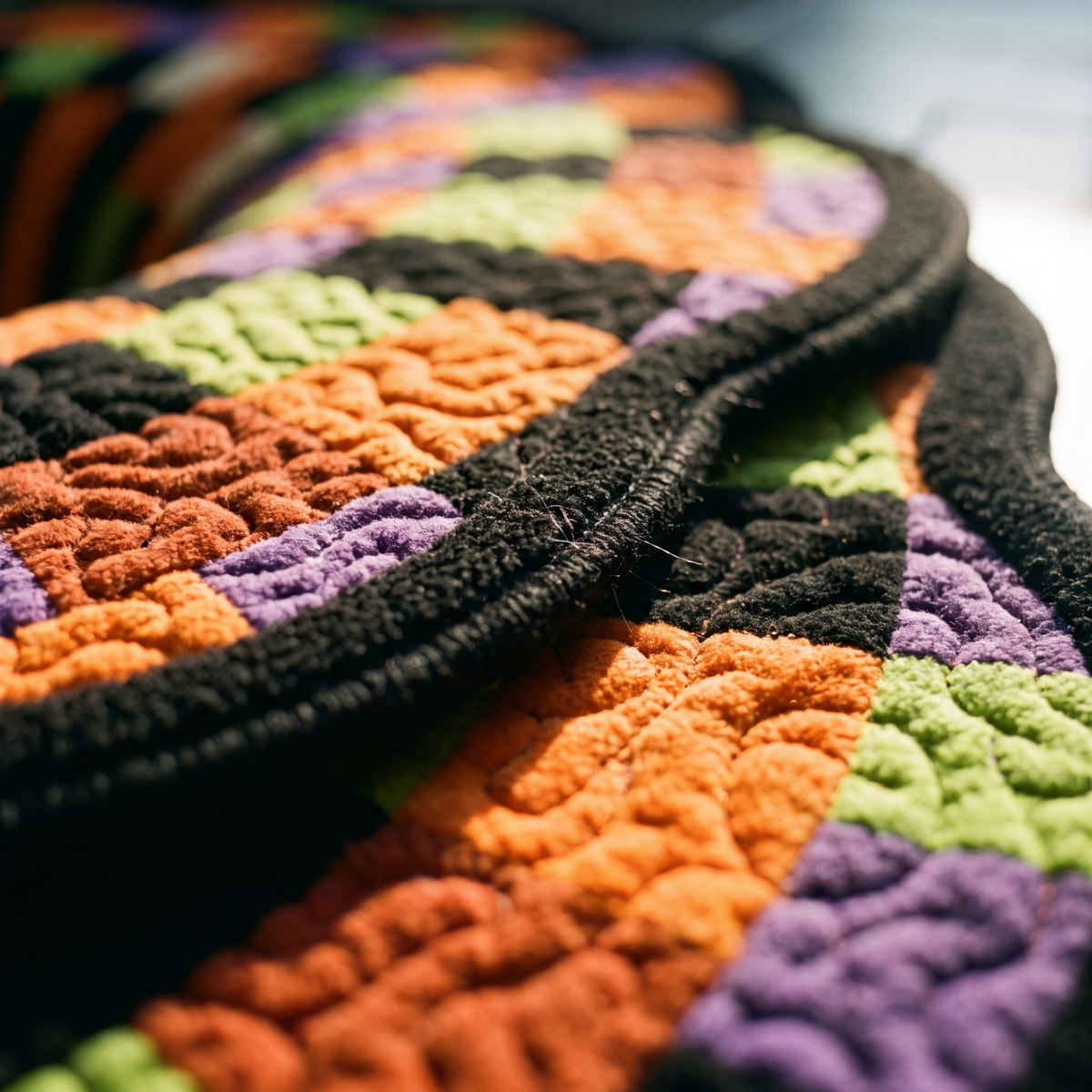 Macro detail of the quilting stitch channels and the scalloped stitched border