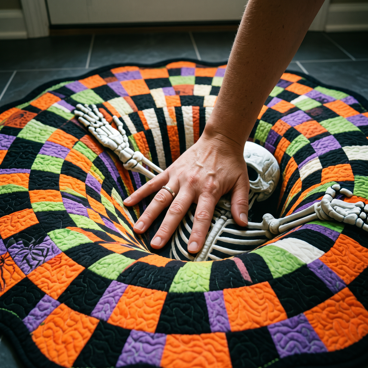 A hand pressed flat on the centre, proving the rug is completely level with no opening