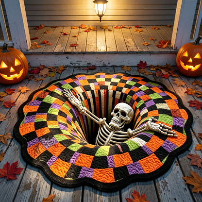 The rug on a porch at dusk with carved pumpkins and autumn leaves
