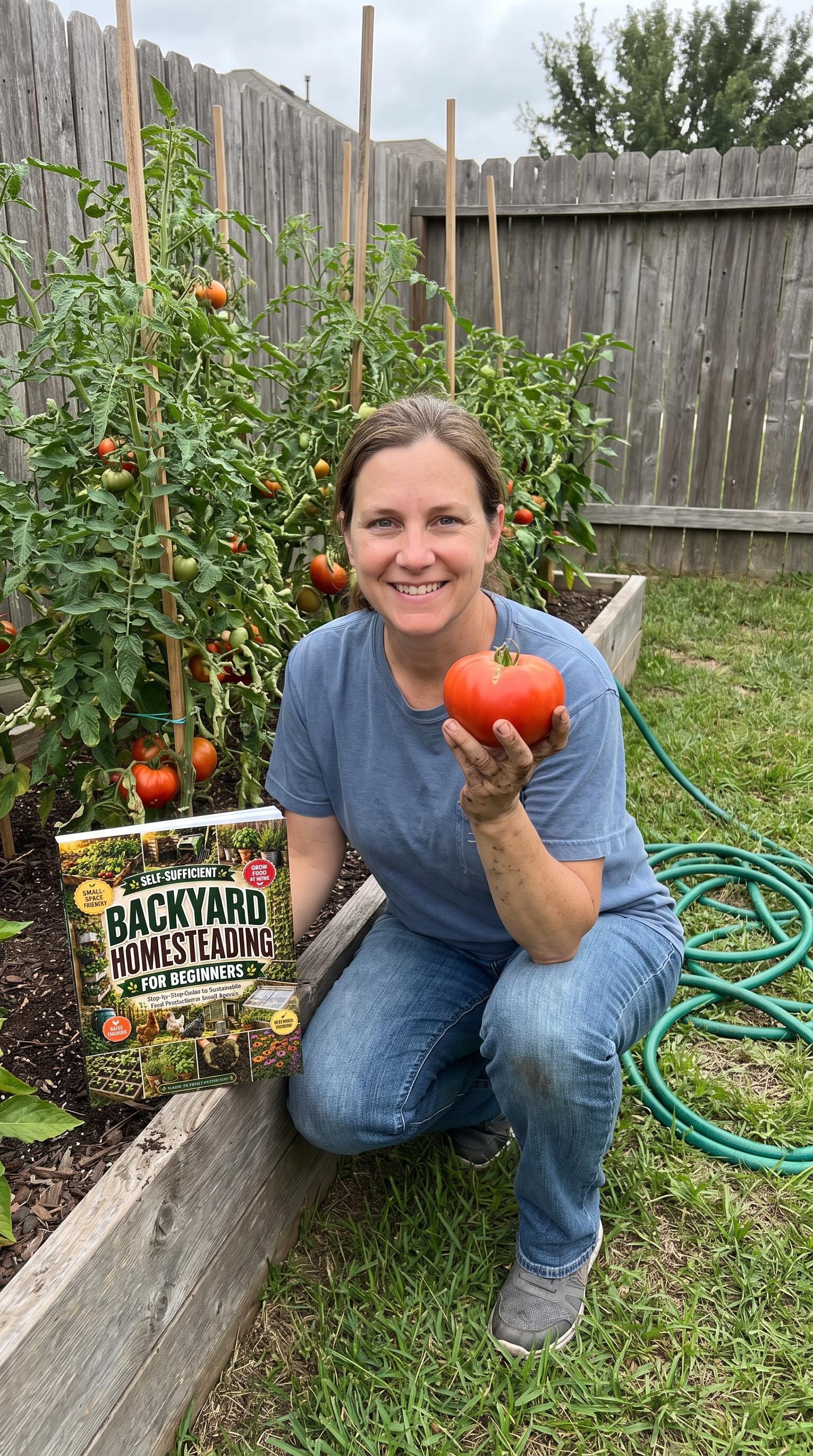 Customer holding a ripe tomato beside her raised bed