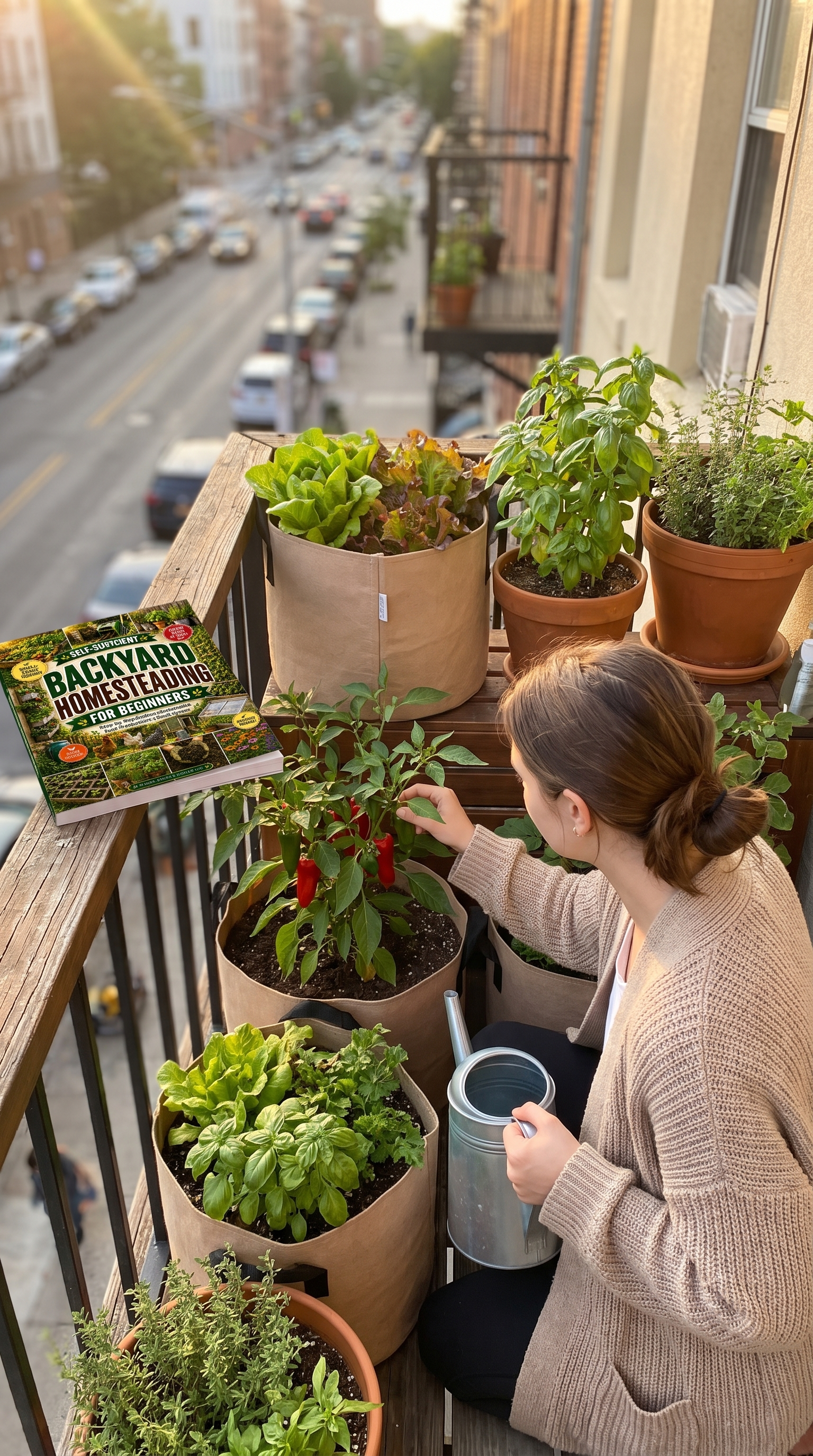 Customer tending a container garden on a small apartment balcony
