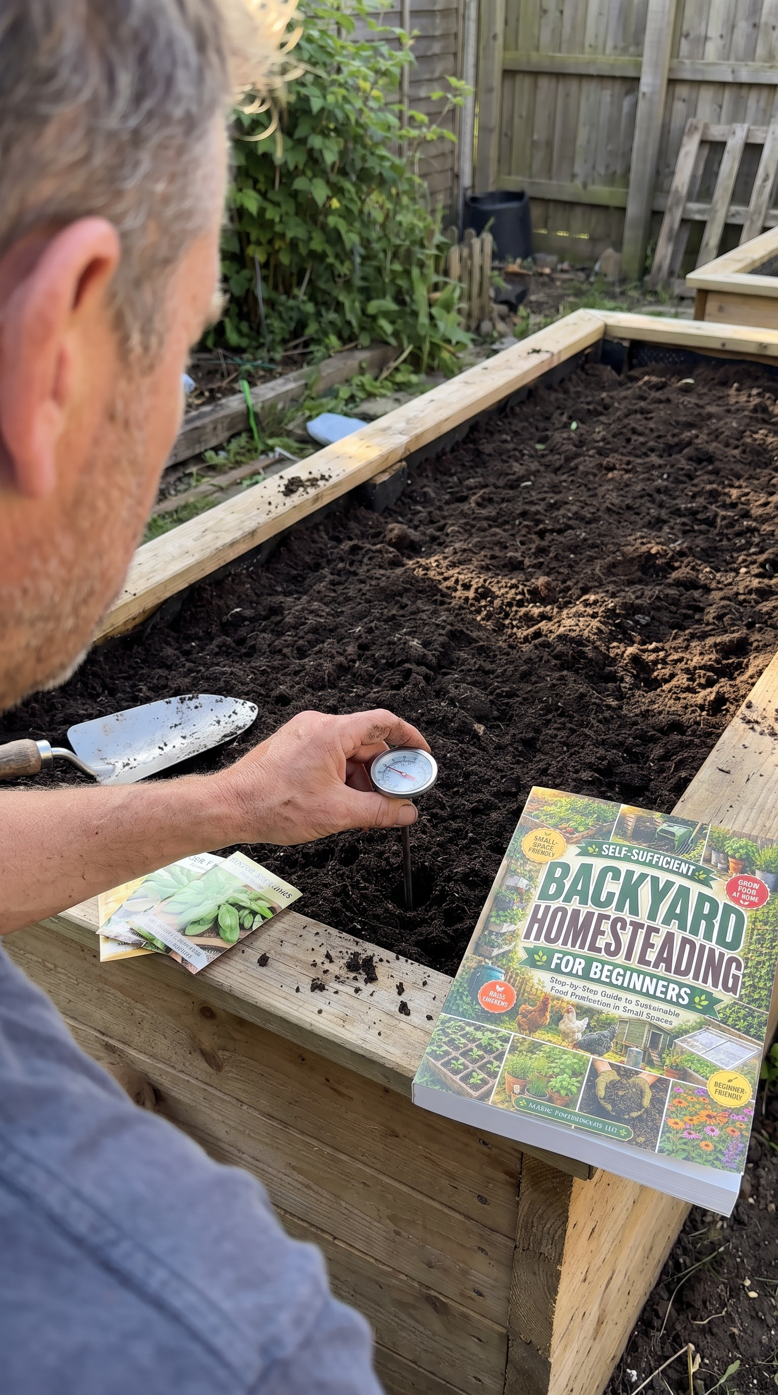 Customer pushing a soil thermometer into a raised bed