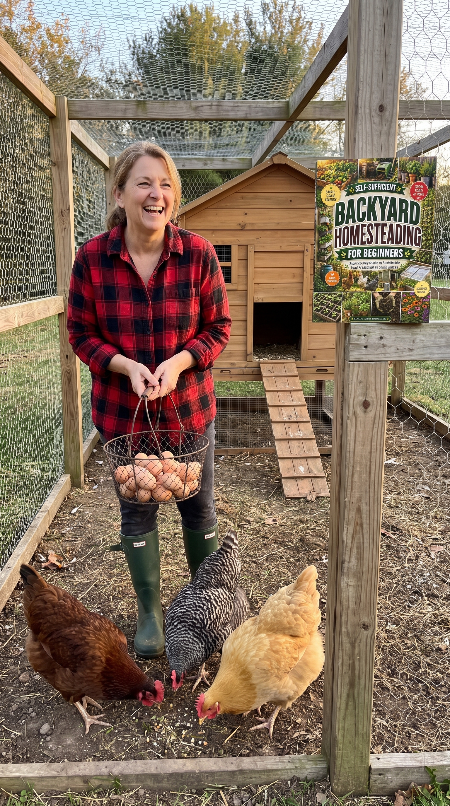 Customer collecting eggs in her backyard chicken run