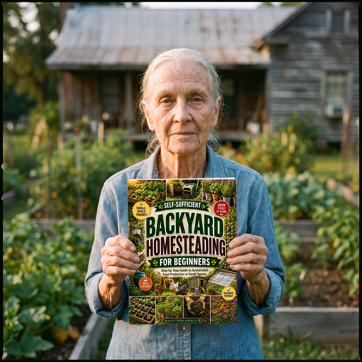 Vesta Sutton holding the Self-Sufficient Backyard Homesteading book in her garden