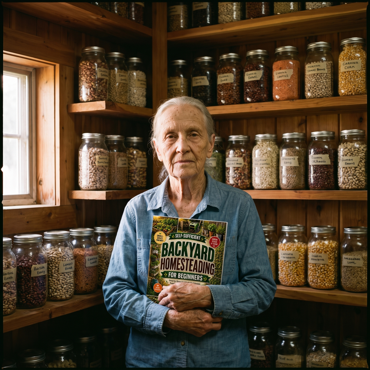 Vesta Sutton with the book in her seed pantry