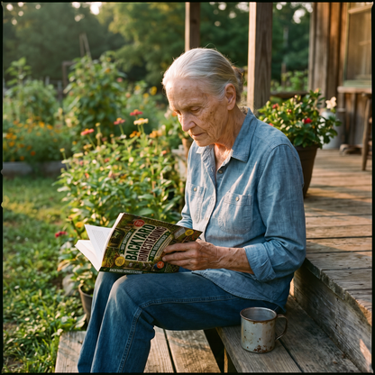Vesta Sutton reading the book on her porch step
