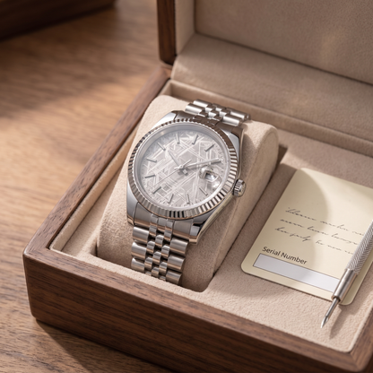 The watch in its presentation box with numbered certificate and sizing tool