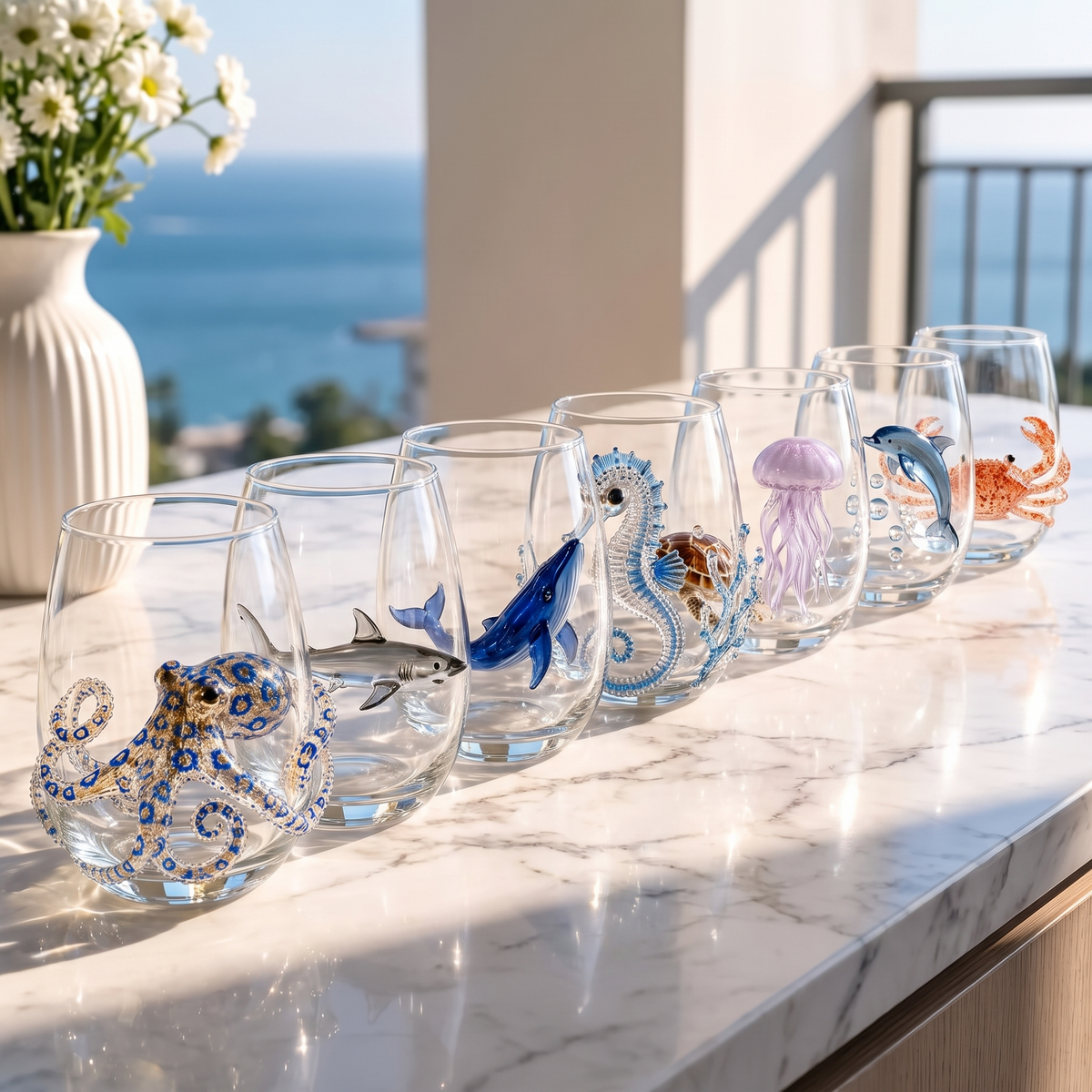 All eight ocean glasses in a row on a sunlit marble counter