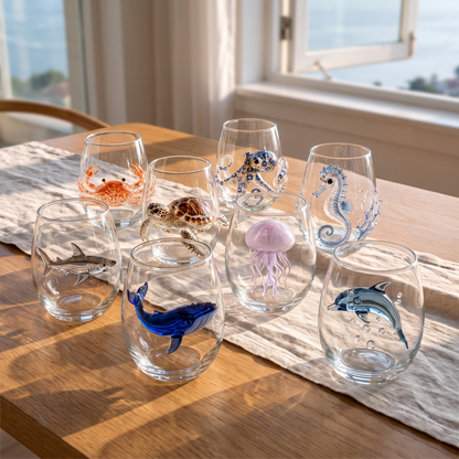 The eight ocean glasses on a kitchen table in afternoon light