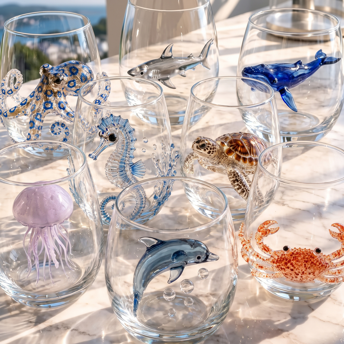 Close view of all eight sculpted glass sea creatures