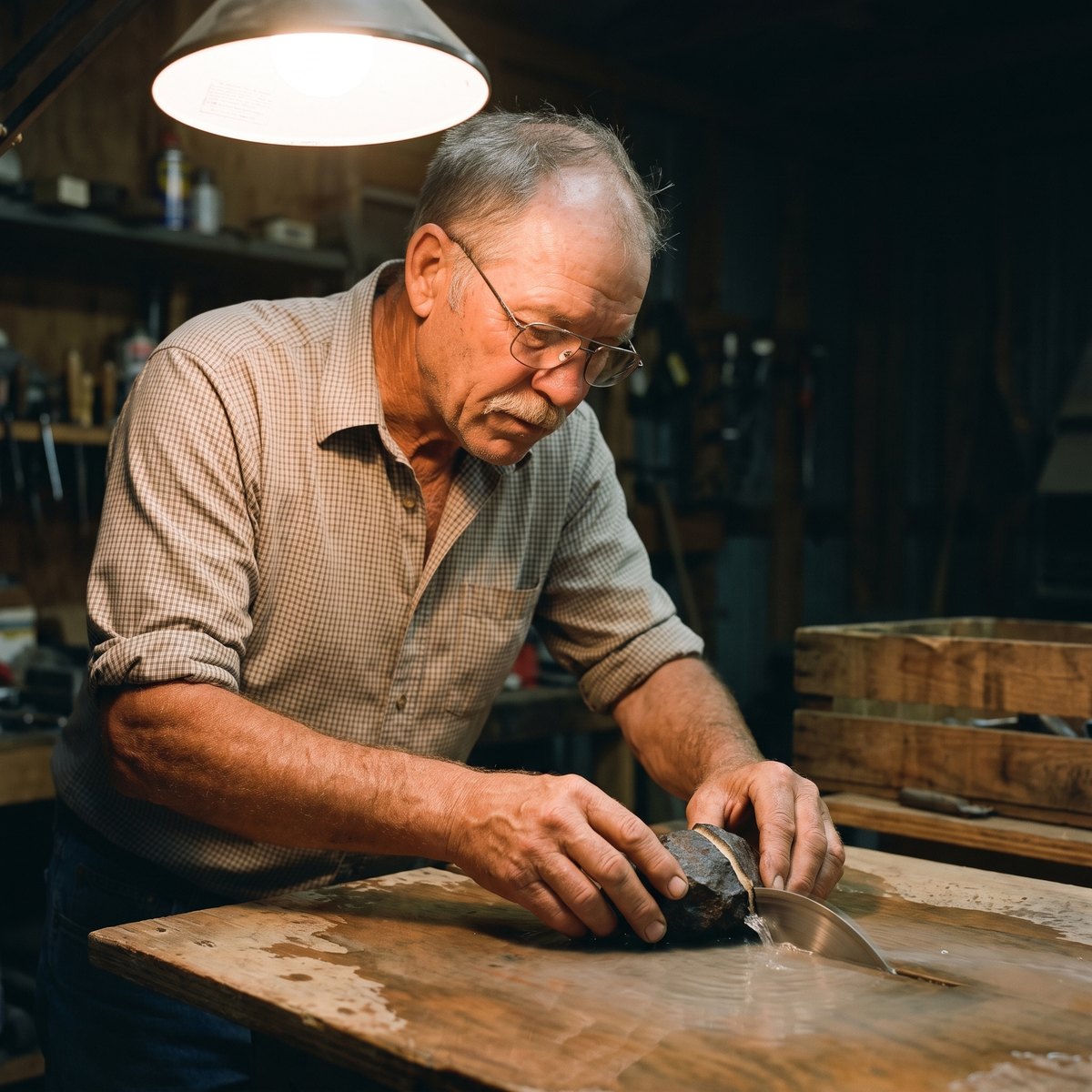 Wendell Rausch cutting a slice from an iron meteorite on a water-cooled diamond saw