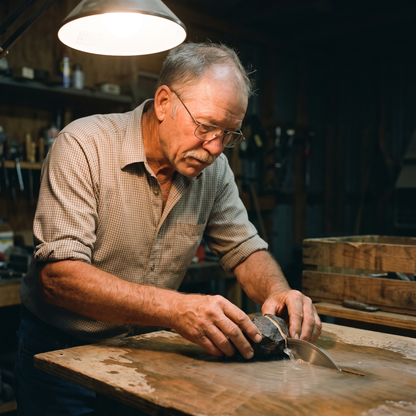 Wendell Rausch cutting a slice from an iron meteorite on a water-cooled diamond saw
