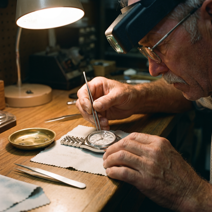 Setting the finished meteorite dial into the watch case with tweezers under a bench lamp