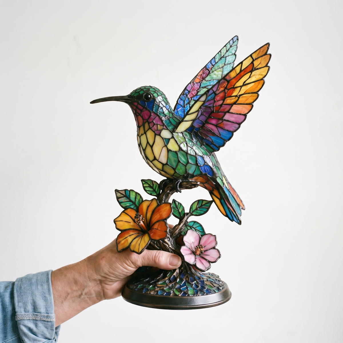 The lamp held in one hand, showing its size