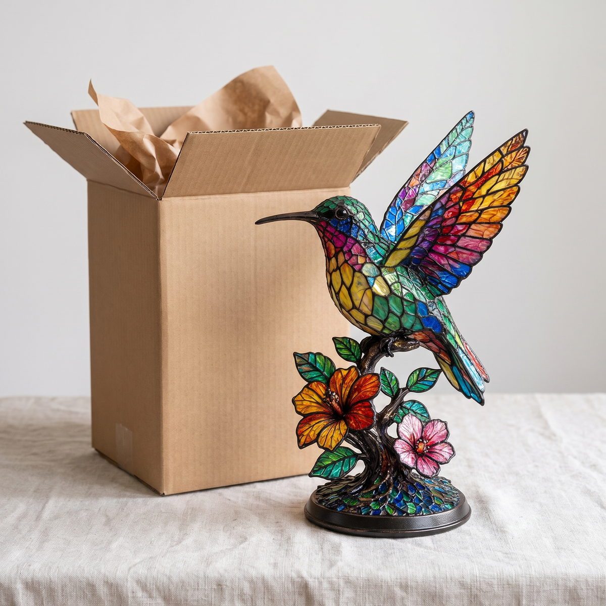 The lamp beside its plain shipping box