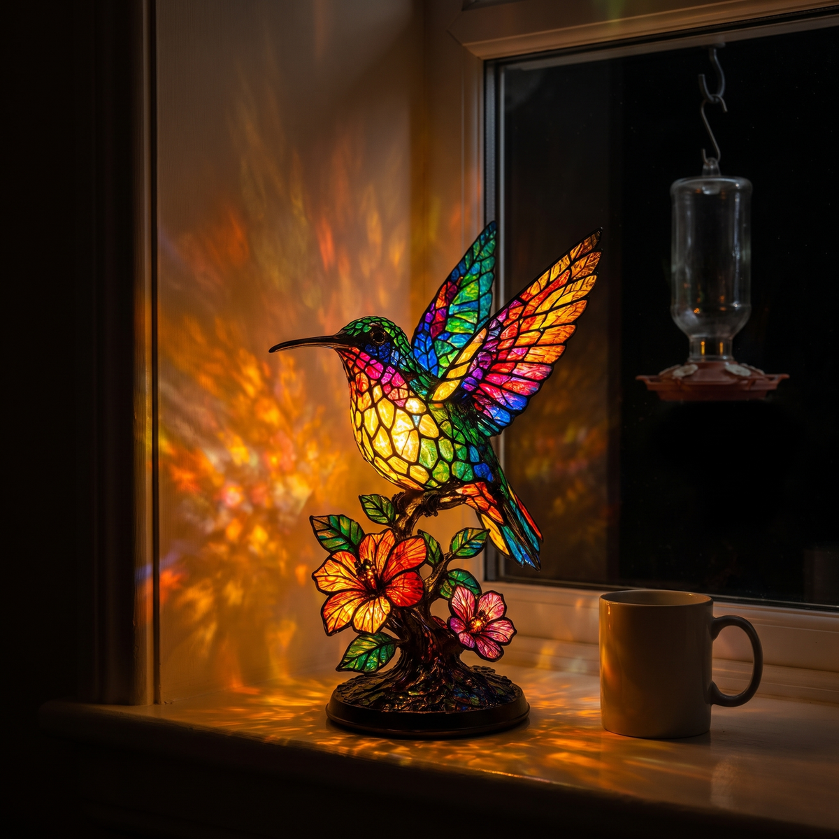 The lamp lit on a windowsill at night, variant A