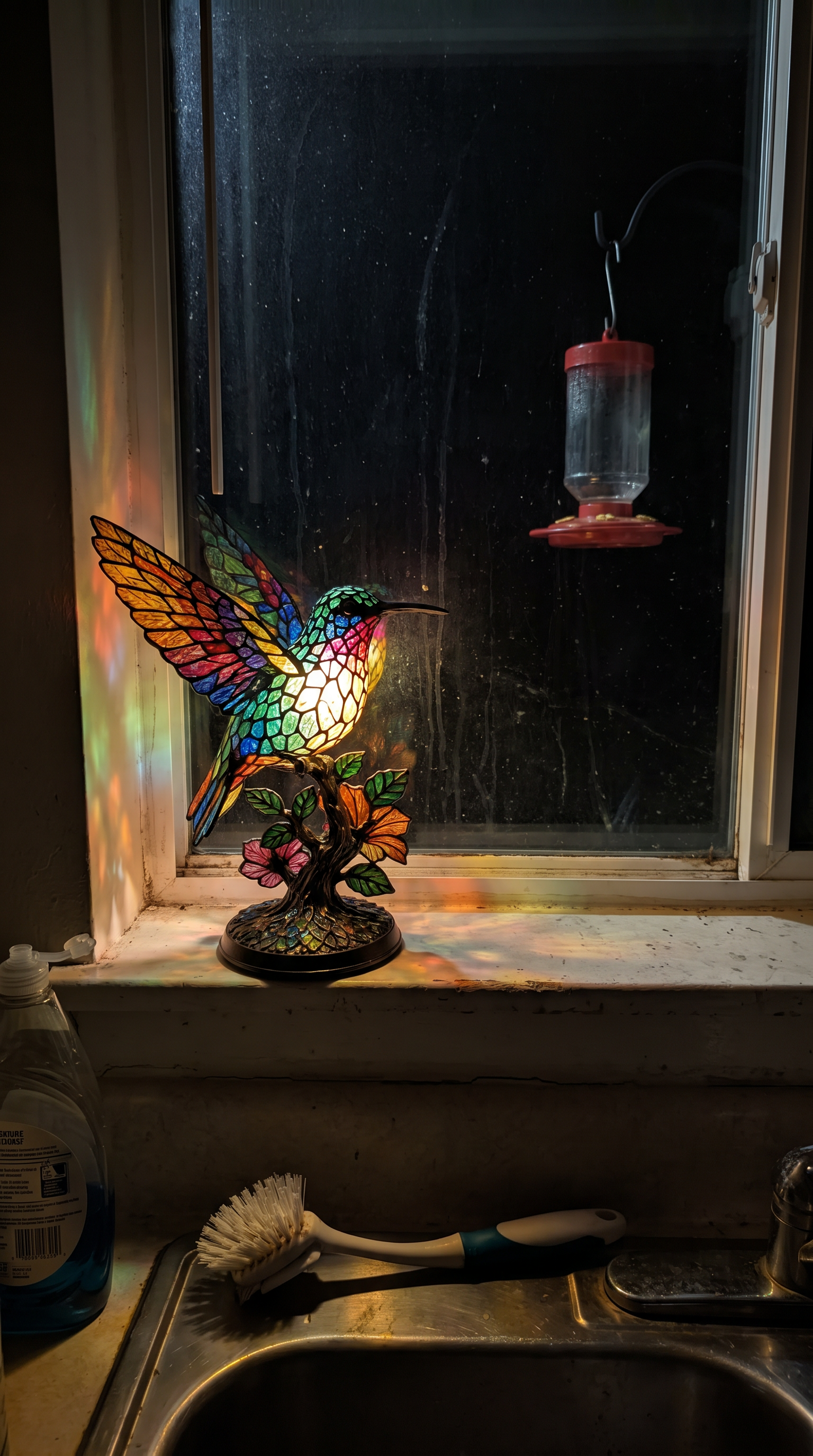 Customer photo: the lamp lit on a kitchen windowsill at night, cordless