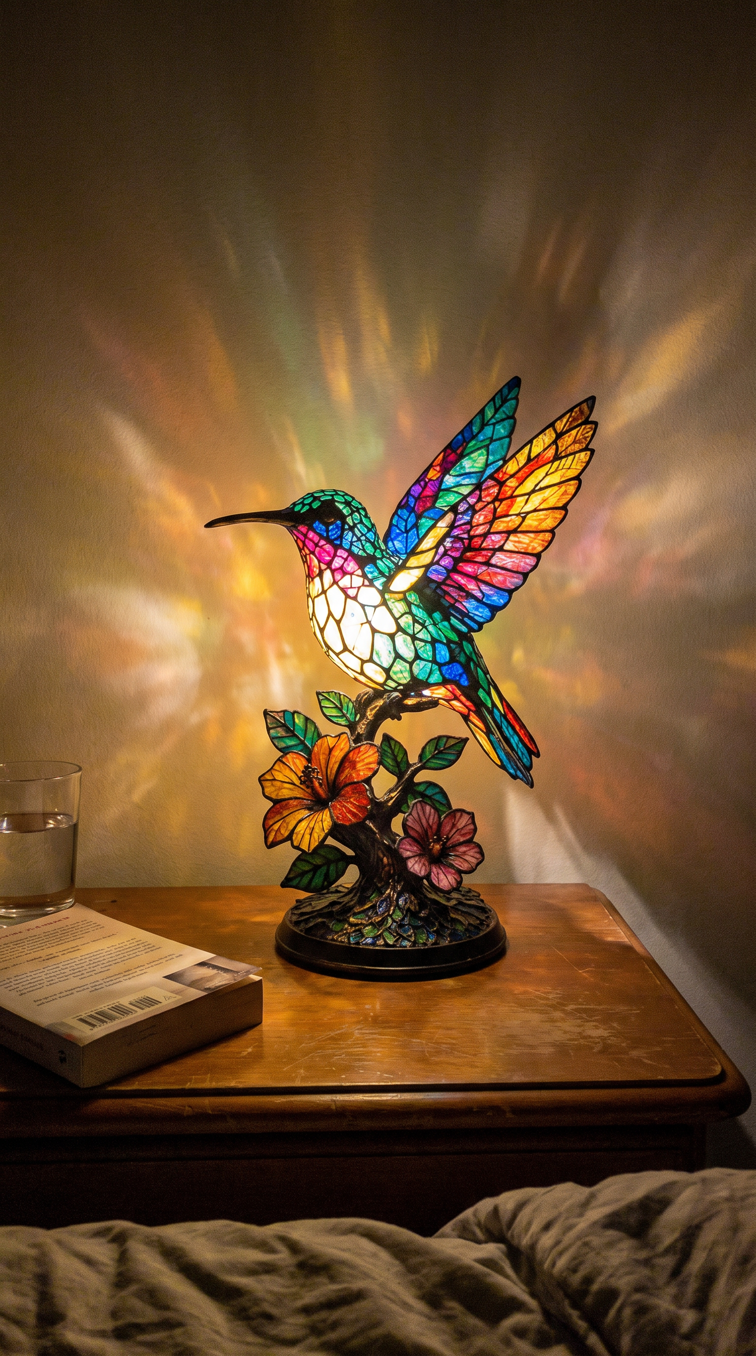 Customer photo: the lamp lit on a bedside nightstand, cordless