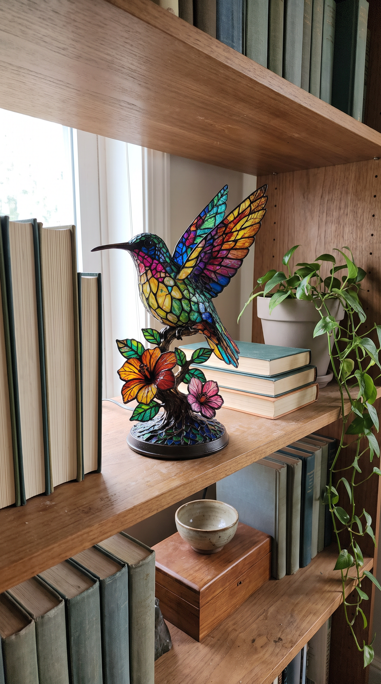 Customer photo: the lamp on a living room bookshelf, cordless
