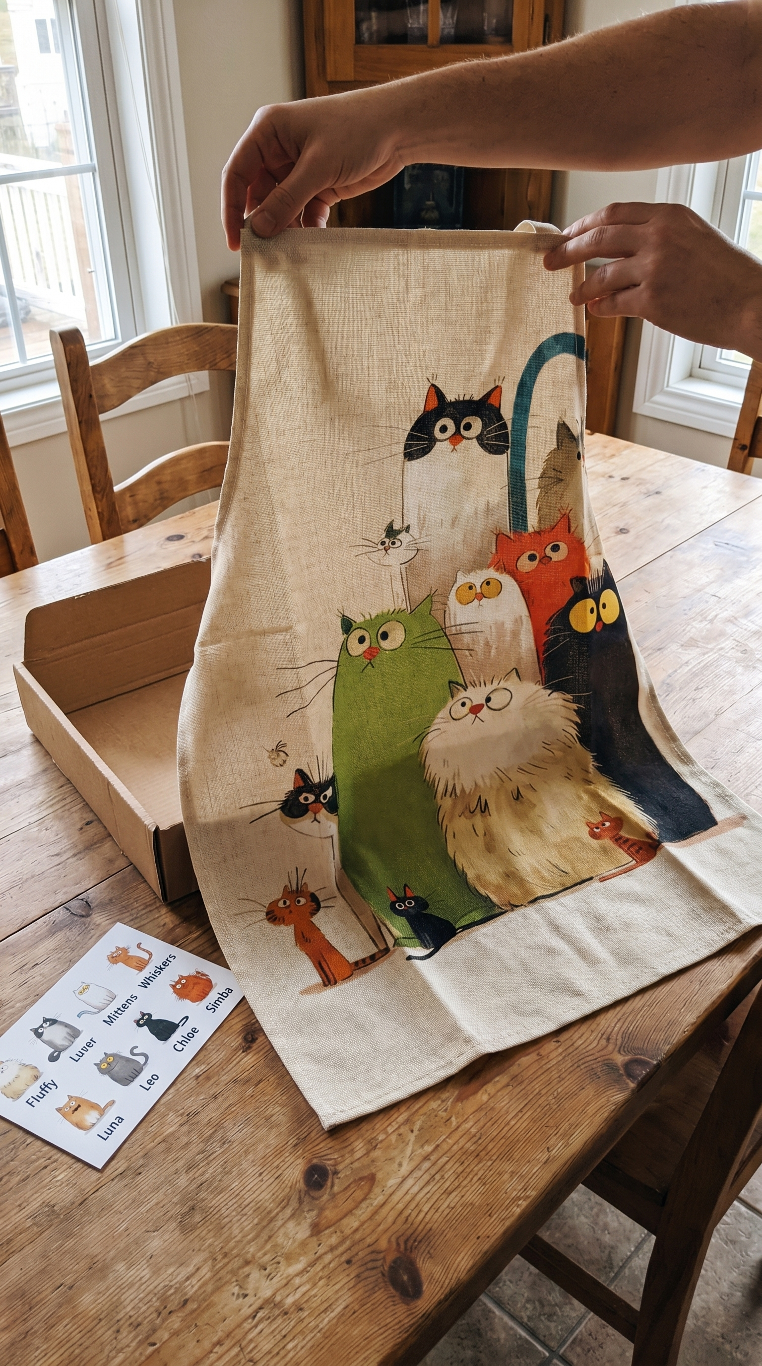 Customer unboxing the cat apron with its printed cats card