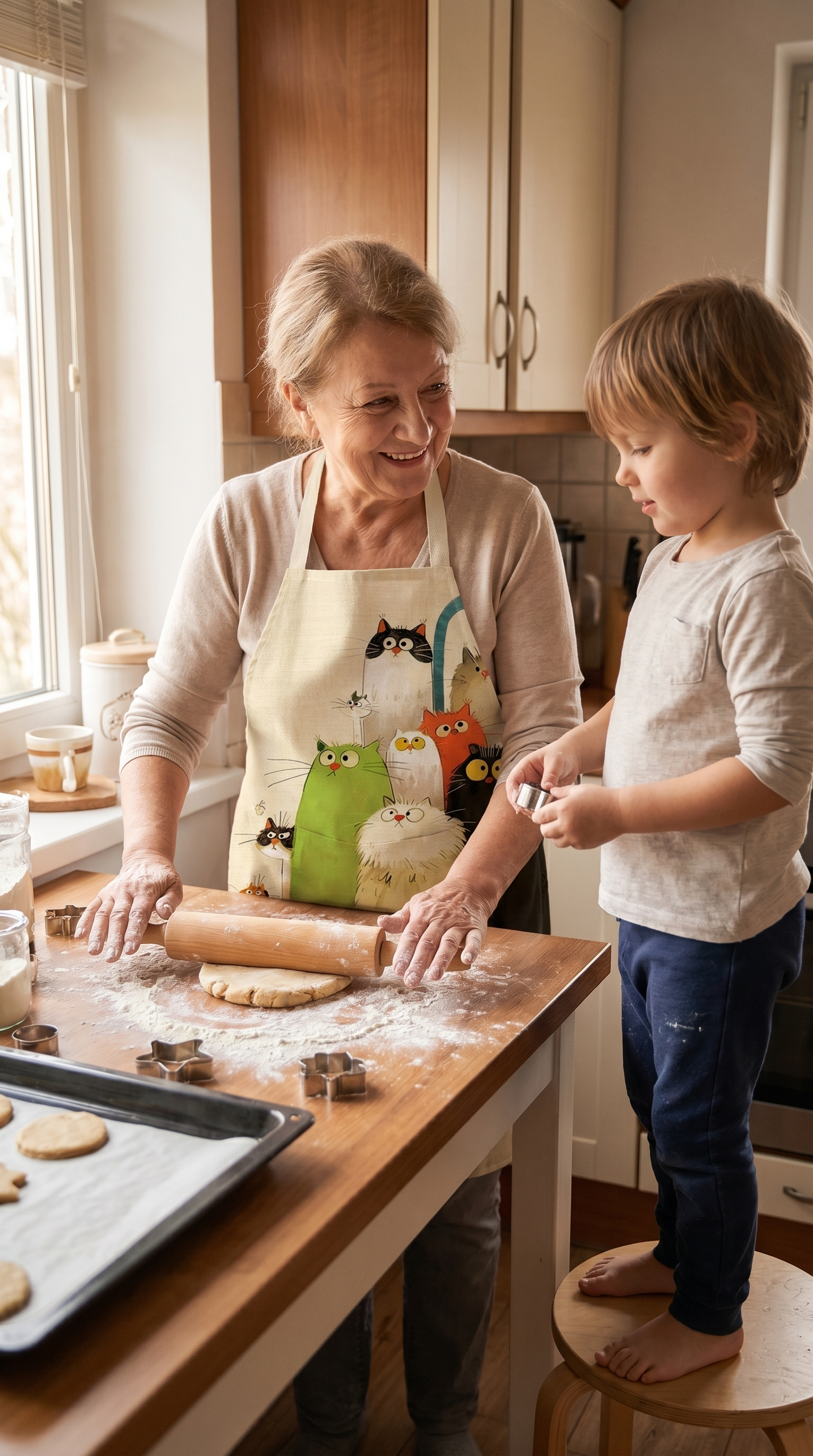 A grandmother baking with a grandchild, wearing the cat apron