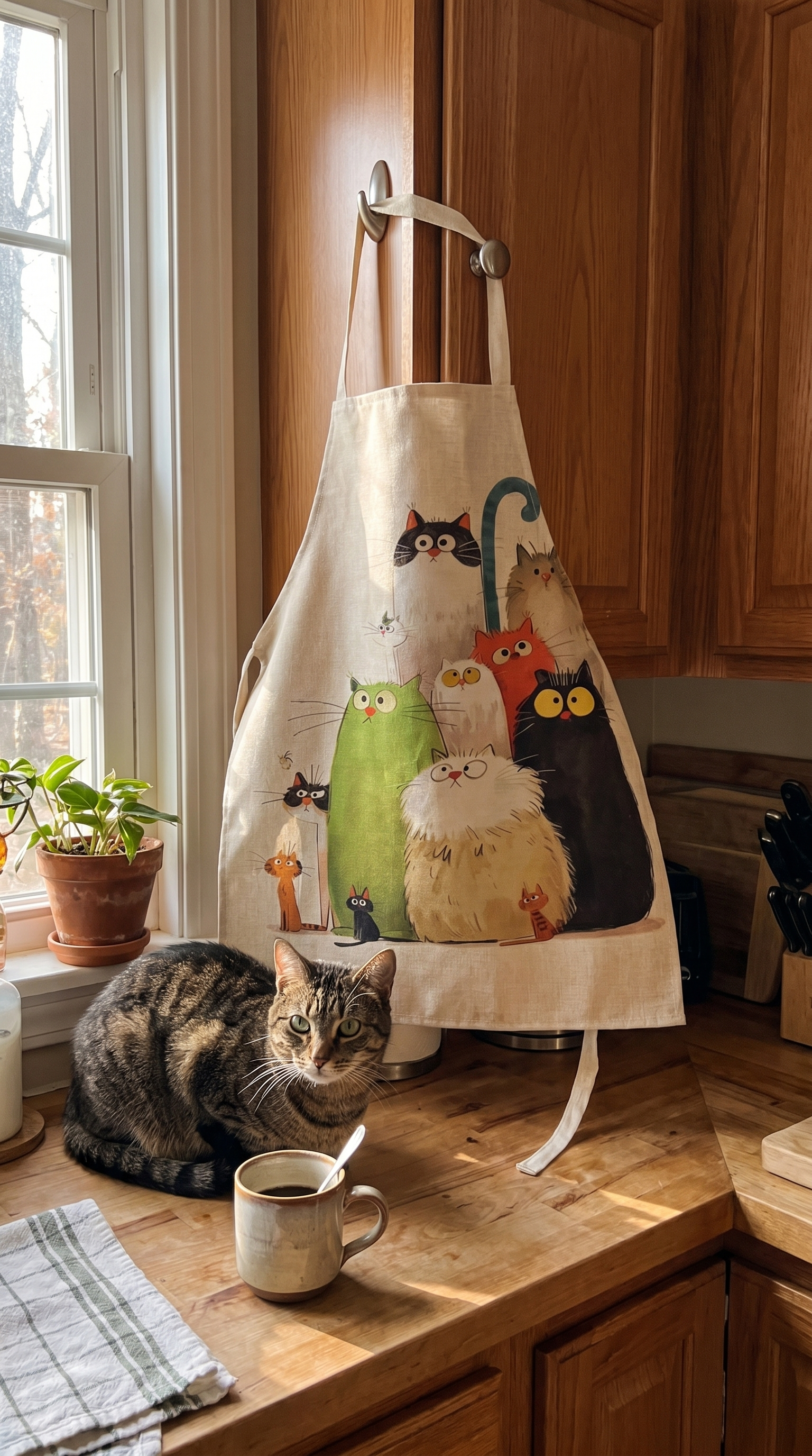 The cat apron hanging in a kitchen with a cat and a coffee mug