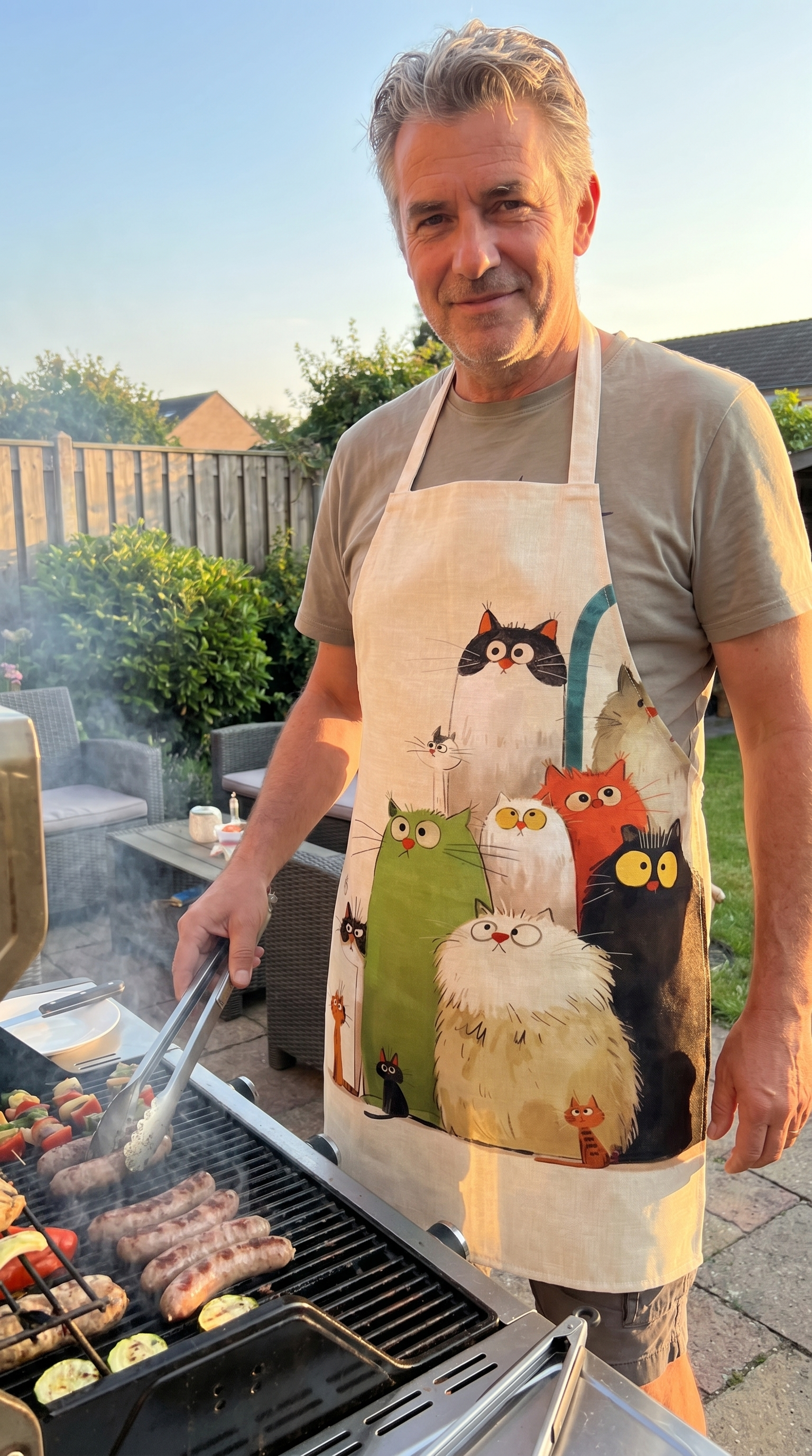 A man grilling in the backyard wearing the cat apron
