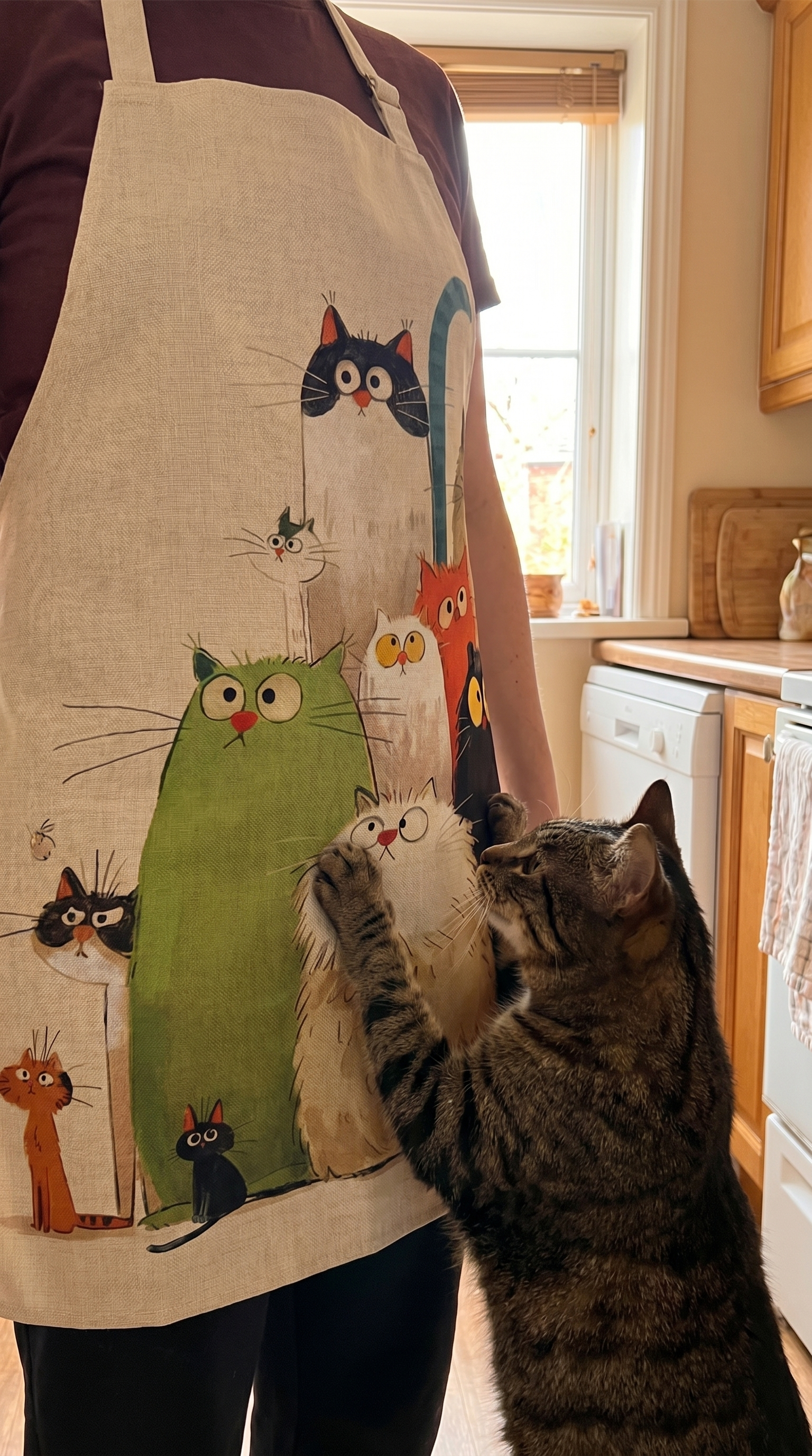 A cat reaching up at the cat apron in a kitchen
