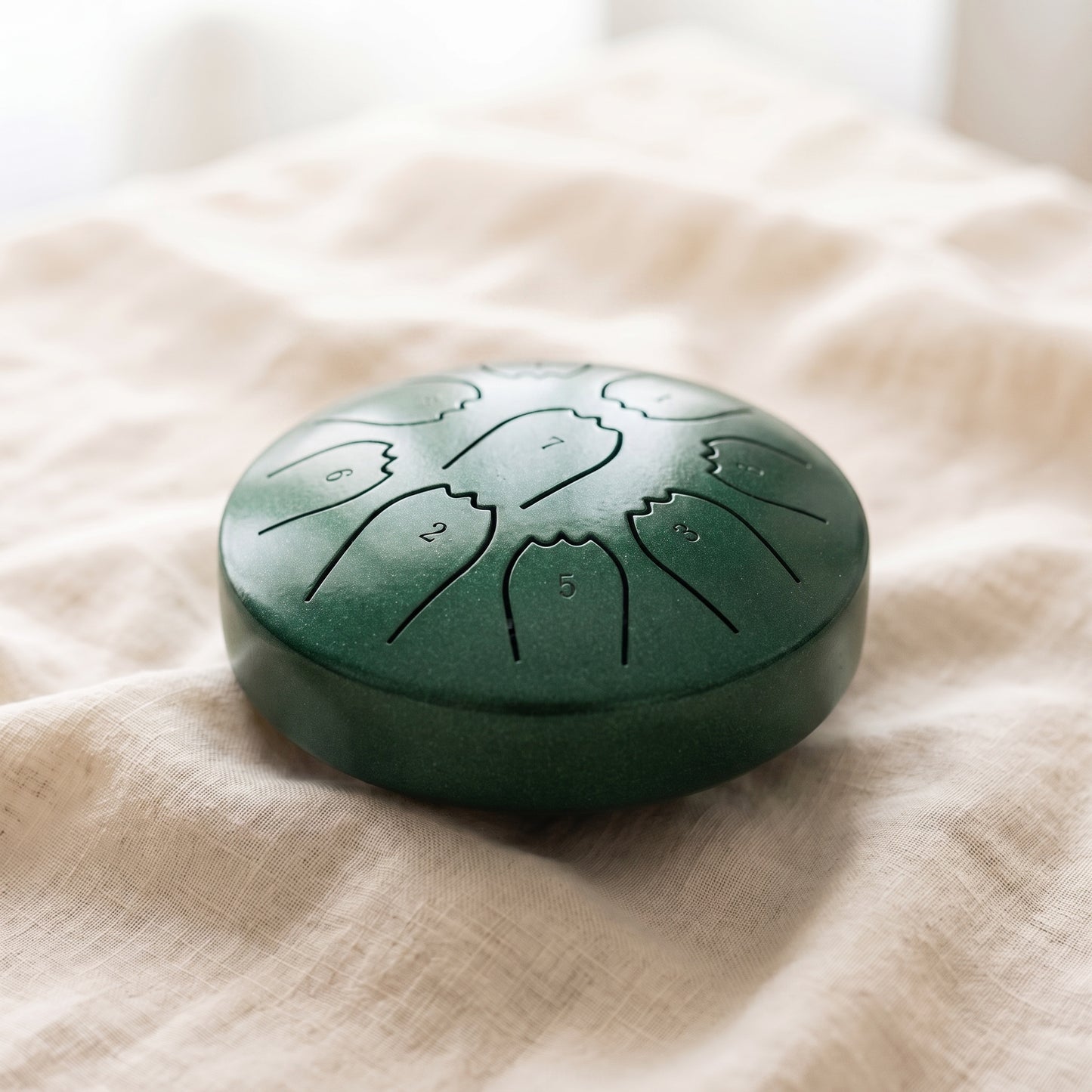 Margaret's hand-tuned rain drum in Deep Forest Green
