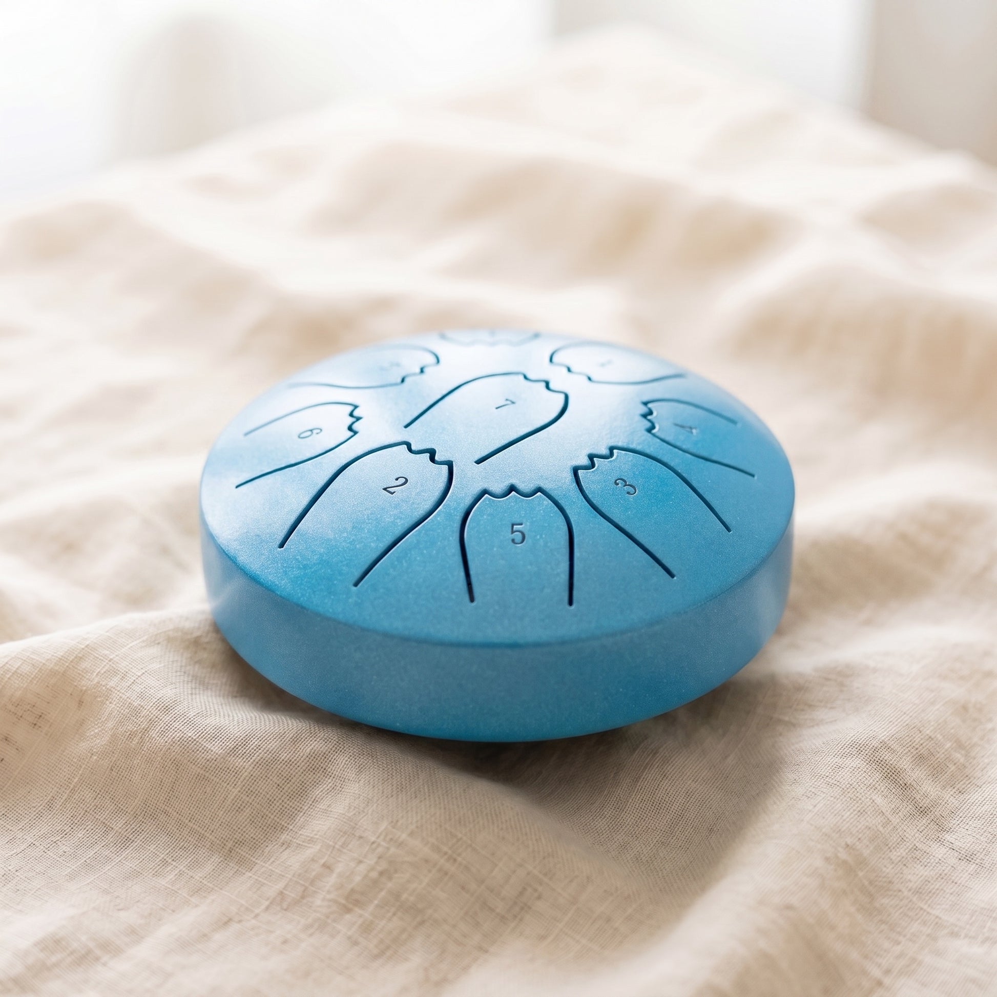 Margaret's hand-tuned rain drum in Sky Blue