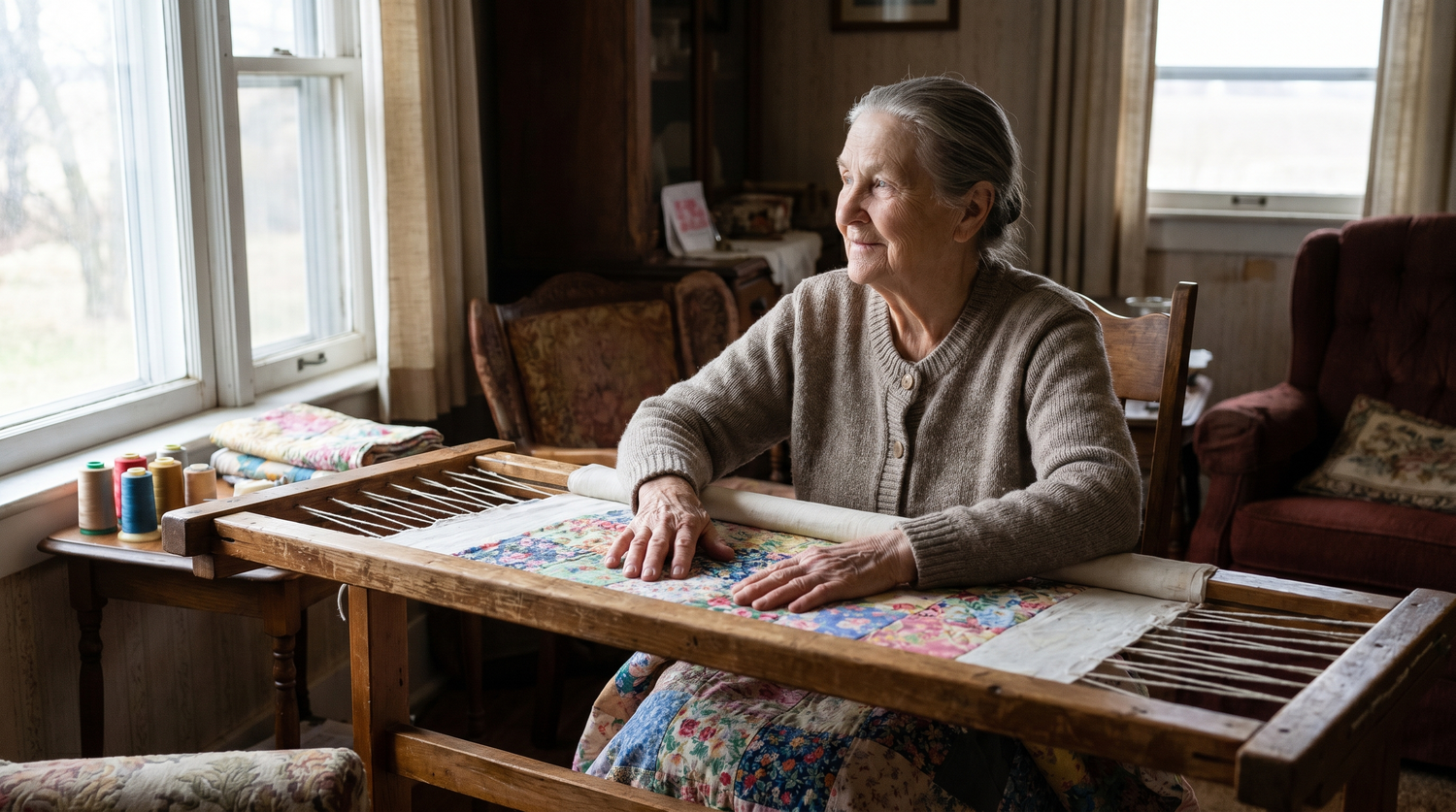 Ruth Hostetler at her quilting frame
