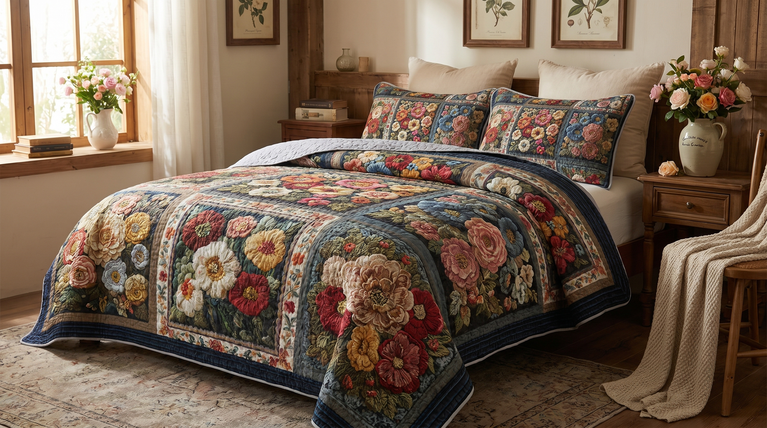 Vintage roses quilt on a bed