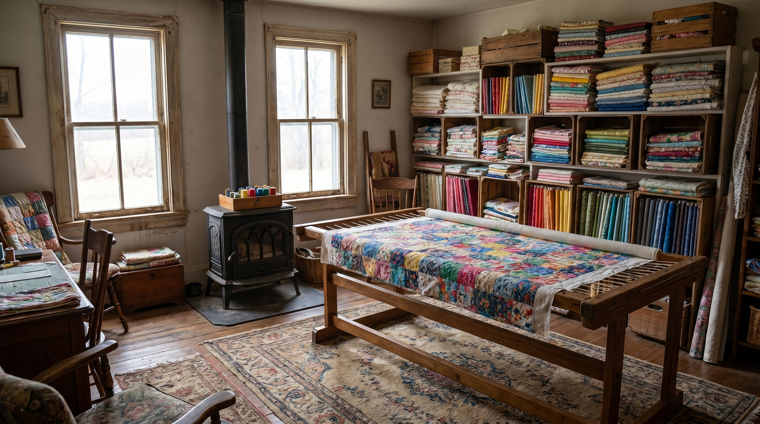Ruth's quilting workroom with the oak frame